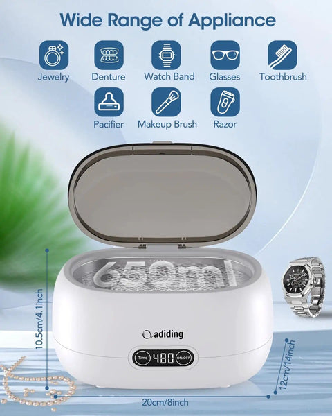 Ultrasonic Cleaning Machine 650mL Ring Cleaner with digital timer open lid, showcasing SUS304 stainless steel tank for diverse items.