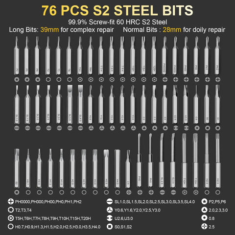 76 steel bits for Compact 76 In 1 USB Charged Electric Screwdriver Kit for electronics and watches repair, various sizes shown