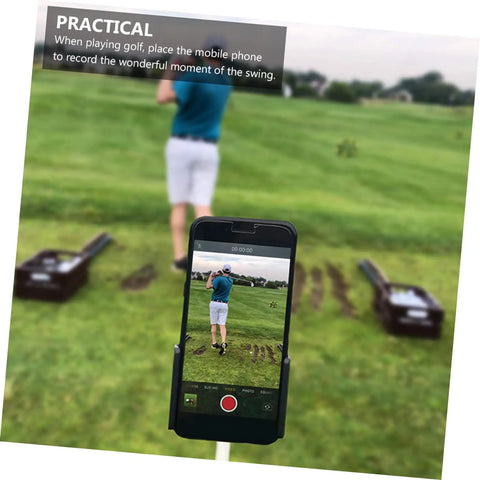 Hands Free Golf Phone Holder Clip For Golf Carts And Clubs With 360 Degree Rotating Swing Cam Mount showing a golf swing recording