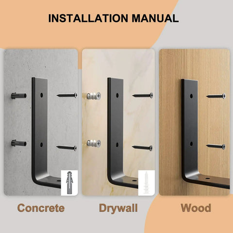 Heavy Duty 12 Inch Wall Shelf Brackets 6 Pack Black Iron For 11.25 Inch Boards installation on concrete drywall wood