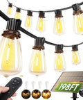 198 Feet Of Solar String Lights Outdoor Waterproof With Remote Dimmable And Timer Shatterproof Hanging Lights shown with bulbs and solar panel