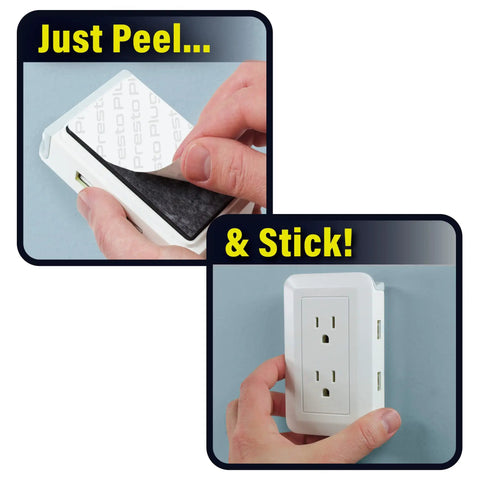 Presto Plug Outlet Extender For Reaching Hidden Outlets With A 6 Foot Cord Peel And Stick On Wall demonstrating installation.