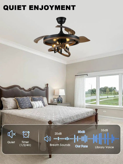 Bella Depot 42" Rustic Retractable Ceiling Fan with Lights and Remote in a bedroom, showcasing a modern chandelier design.
