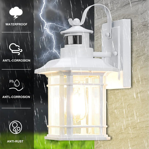 Two Pack Motion Sensor LED Outdoor Wall Lights Dusk To Dawn Exterior Lanterns Matte White Waterproof Front Porch Lights