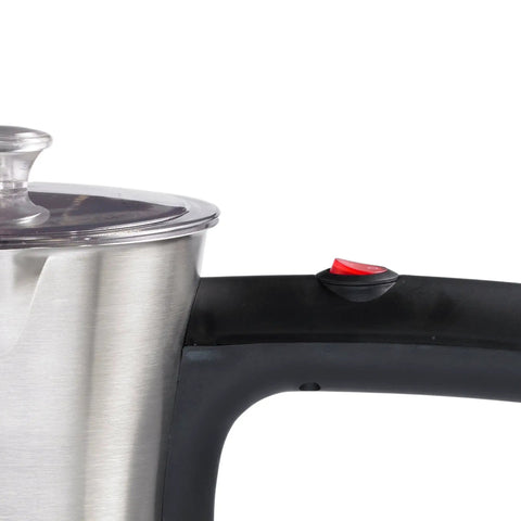 Close-up of Electric Turkish Coffee Maker 4 Cup Stainless Steel Black Finish, showing handle and metal body for home use.