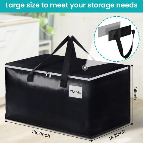 Extra Large Moving Bags With Zipper And Handles 93L Or 125L Storage Totes, Black with tag pocket, on floor