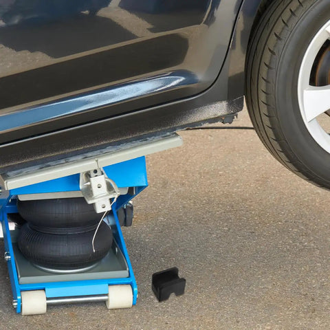 Jack Pad Cover Kit For Car Jacks, Rubber Cushions Protect Pinch Welds And Frame Rails When Lifting, shown installed under a car