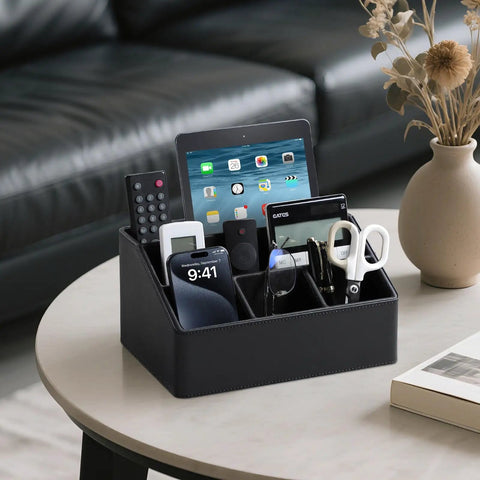 Straight Up Sturdy PU Leather Desk Organizer With Five Compartments Sleek Black Design, holding pens and remotes on a table.