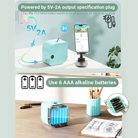 Bluetooth Label Maker With Tape P12 Small Thermal Printer with phone app, powered by plug or 6 AAA batteries, green color