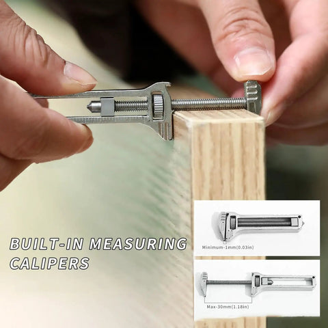 Close-up of Mini Multitool Wrench With Bottle Opener And Nail Puller 2.8 Oz Alloy Steel 6 In 1 Measuring Caliper in use