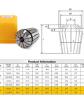 26 Piece ER32 Spring Collet Set For CNC Engraving Milling Lathe Tools 1/32 To 13/16 Inch Range with size chart and diagram