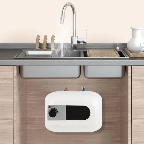 Slick Electric Mini-Tank Water Heater with Totally Sick Instant Hot Water on Tap for a Badass Under Sink Flex in Any Kitchen or Bathroom Setup Featuring 1.5 KW Power and 1.6 Gallon Capacity for Total Space Saving Convenience installed below a kitchen sink.