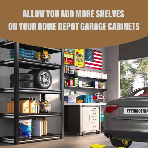 Heavy Duty Metal Cabinet Shelf Clips For Garage Organization And Replacement Hooks To Level Up Your Storage Game With These Slick Eight Piece Hardware Brackets on garage shelves with tools and car.