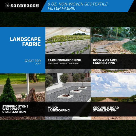 Non Woven 8 Oz Geotextile Landscape Fabric for farming, rock landscaping, walkways, mulch landscaping, and road stabilization.