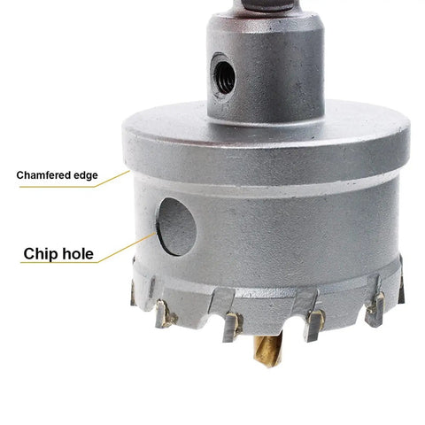 Cool 12-200mm TCT Hole Saw Drill Bit Kit With Alloy Carbide Cobalt Steel Cutter for Stainless Steel Plate Iron Metal Cutting Job Size 28mm close-up with chamfered edge and chip hole