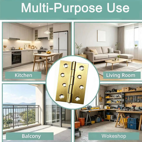Built Tough 4 Pack Heavy Duty Satin Brass Hinges In Stainless Steel shown for multi-purpose indoor and outdoor use