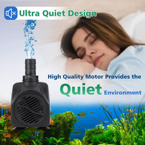 2-Pack 550 GPH Dope Submersible Fountain Pumps Ultra Quiet With 4 Nozzles next to a sleeping woman, highlighting quiet design