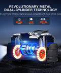 Six Times Faster Inflation Portable 12V Air Compressor Pump With Digital Display And LED Flashlight Heavy Duty Dual Cylinder Tire Inflator 150 PSI for visualizing dual-cylinder technology