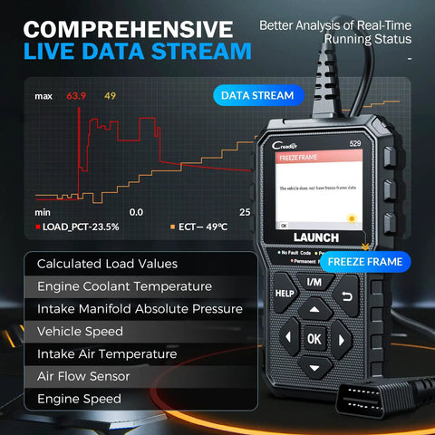 CR529 OBD2 Scanner For Cars After 1996 Full OBD2 Diagnostics With Read And Erase Codes Live Data IM Readiness One Click Smog Check Freeze Frame Engine Light Diagnostics Free Lifetime Updates DIY Car Repair Tool showing live data stream and device interface.