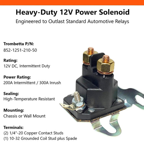 Direct Fit 12V Starter Solenoid Drop In Replacement For Bad Boy Zero Turn Mowers Trombetta OEM 852-1251-210-50 with specs