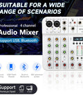 4 Channel Mini Audio Mixer With USB Bluetooth And 48V Phantom Power Reverb Dope Compact Soundboard in a studio