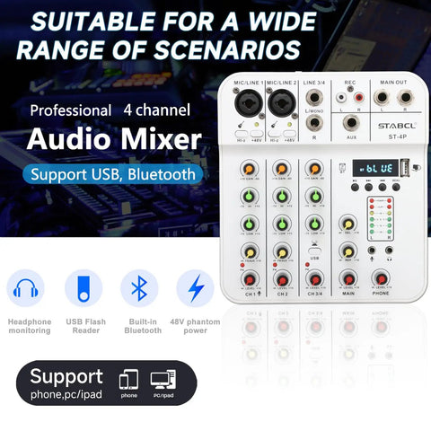 4 Channel Mini Audio Mixer With USB Bluetooth And 48V Phantom Power Reverb Dope Compact Soundboard in a studio