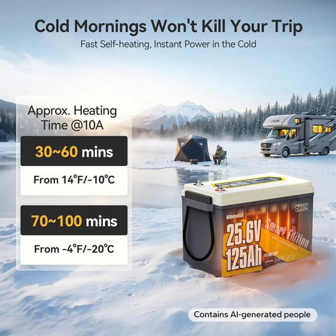 Built Tough 24V 125Ah Bluetooth Enabled Lithium Battery Featuring Auto Self Heating For Marine Boats And RV Systems Compact Heavy Duty Power Source in a snowy camping scene.
