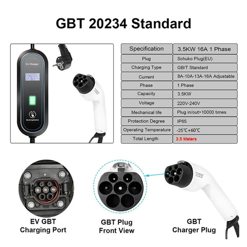 Heavy Duty Portable Ev Charger 3.5Kw 16A Type 1 J1772 with GBT charger plug and display panel for electric vehicle charging