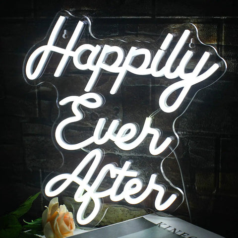 Happily Ever After Neon Sign White Led Neon Light for Wedding Bridal Shower Usb Powered Light Up Sign displayed on wall