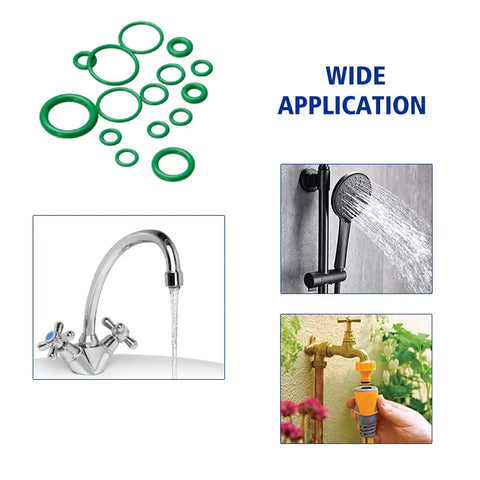 All In One 612 Piece Automotive O Ring Kit For Air Conditioning And Plumbing With 36 SAE And Metric Sizes shown in use with faucets and hoses