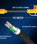 Pro Grade 240V Level 2 Charging Adapter With 14-50P Male To L6-30R Female Connector showing 12 inch heavy duty cable with PVC jacket.