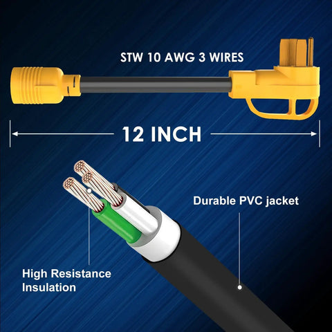 Pro Grade 240V Level 2 Charging Adapter With 14-50P Male To L6-30R Female Connector showing 12 inch heavy duty cable with PVC jacket.