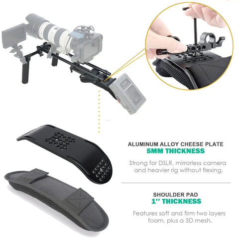 No Hassle 15mm Shoulder Rig With Pad And Riser Base Plate For DSLR And Mirrorless Cameras, 60mm Rod Center, showing components