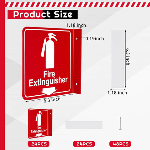 Diagram of 24 Pack Fire Extinguisher Signs 6.3 Inch By 6.3 Inch Durable Acrylic Warning Signs With Pre Drilled Holes Down Arrow Includes Screws And Adhesive Tape For Home Office And Biz Safety, showing product dimensions and accessories.