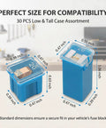Road Ready 30 Piece Automotive Cartridge Fuse Assortment Kit 20 To 60 Amp box shape electrical protection showing low and tall case sizes.