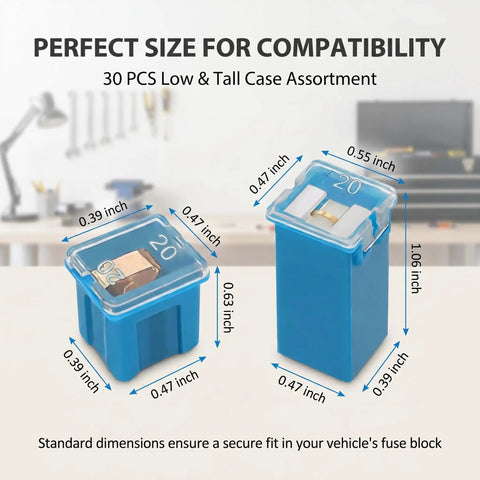 Road Ready 30 Piece Automotive Cartridge Fuse Assortment Kit 20 To 60 Amp box shape electrical protection showing low and tall case sizes.