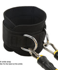 Close-up of ankle straps with cuffs for resistance training, featuring dual D-ring attachments and latex bands for glute building.