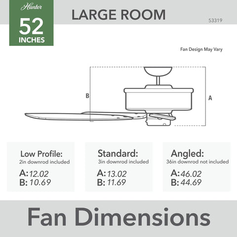 52 Inch Indoor Ceiling Fan No Light With Pull Chain White Finish Five Blades Standard Mount diagram with dimensions