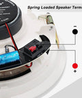 Close-up of 6.5 Inch Bluetooth In Wall Ceiling Speaker with spring loaded terminal, wiring detail visible.