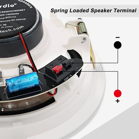 Close-up of 6.5 Inch Bluetooth In Wall Ceiling Speaker with spring loaded terminal, wiring detail visible.