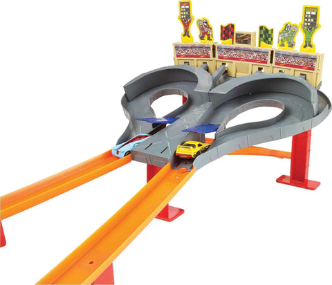 Super Speed Blastway Dual-Track Race Set With 1 64-Scale Car, Side-by-Side Launchers, Grandstand Flags, High-Speed Toy Car Racing