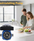 Hot Water Recirculating Pump Kit with Timer for Tank Water Heaters, 110V Electric Circulator Revamps Your Plumbing Game, 145PSI High-performance Pump with modern kitchen setup.