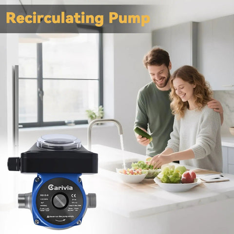 Hot Water Recirculating Pump Kit with Timer for Tank Water Heaters, 110V Electric Circulator Revamps Your Plumbing Game, 145PSI High-performance Pump with modern kitchen setup.
