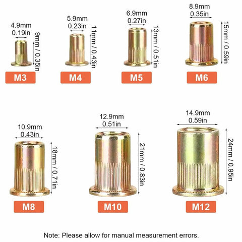 220 Pcs Metric Rivet Nut Kit Zinc Plated Carbon Steel Flat Head Rivnut Assortment sizes M3 to M12 illustration