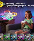 Young girl playing with Beginners Drone For Kids With 3 Batteries And Easy Flight Modes HS180 featuring colorful LED lights indoors.