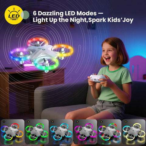 Young girl playing with Beginners Drone For Kids With 3 Batteries And Easy Flight Modes HS180 featuring colorful LED lights indoors.