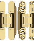 Heavy Duty Hidden Door Hinges 2 Pack Gold Finish displaying detailed adjustment features and smooth pivot design.