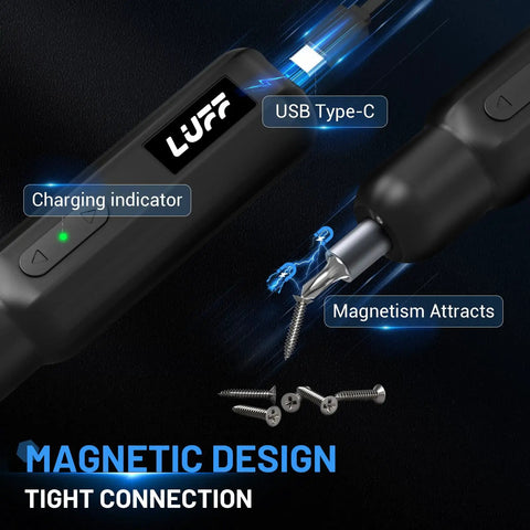 4V Cordless Electric Screwdriver Kit with USB C Charge 250 RPM high power motor, magnetic design, showing USB-C port and charging indicator