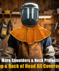 Person wearing Real Cow Leather Welding Hood Cap, Heat And Spark Resistant Shield Up To 250C in a workshop setting