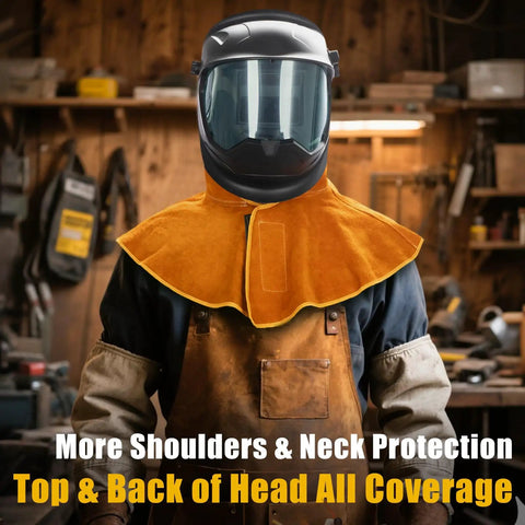 Person wearing Real Cow Leather Welding Hood Cap, Heat And Spark Resistant Shield Up To 250C in a workshop setting
